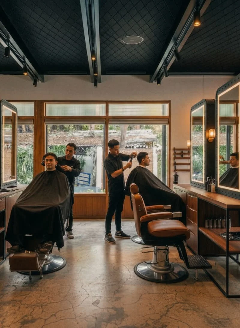 CAVERNES Bangkok grooming space with barber chairs and mirrors